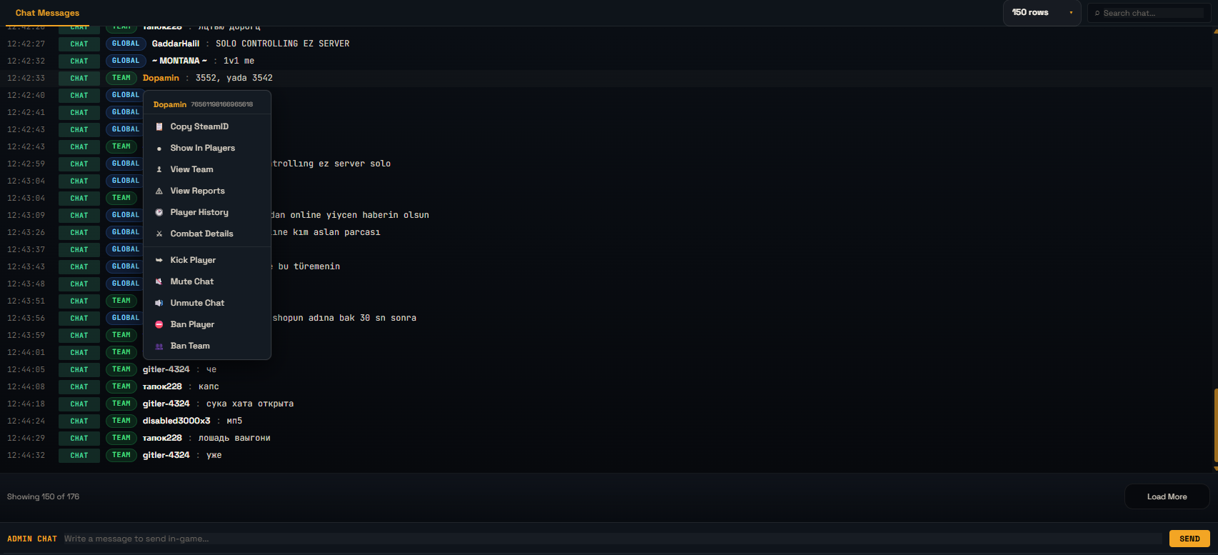 AegisRcon Rust chat moderation view