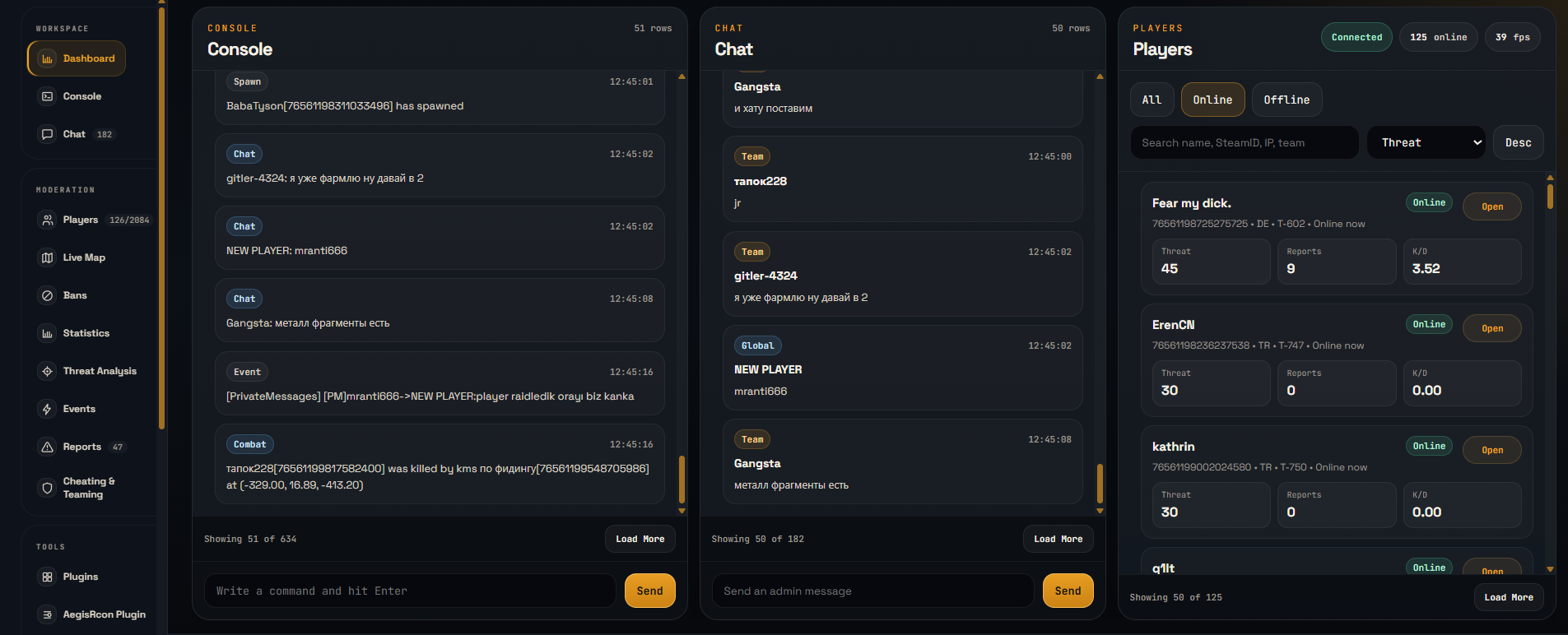 AegisRcon customizable Rust dashboard